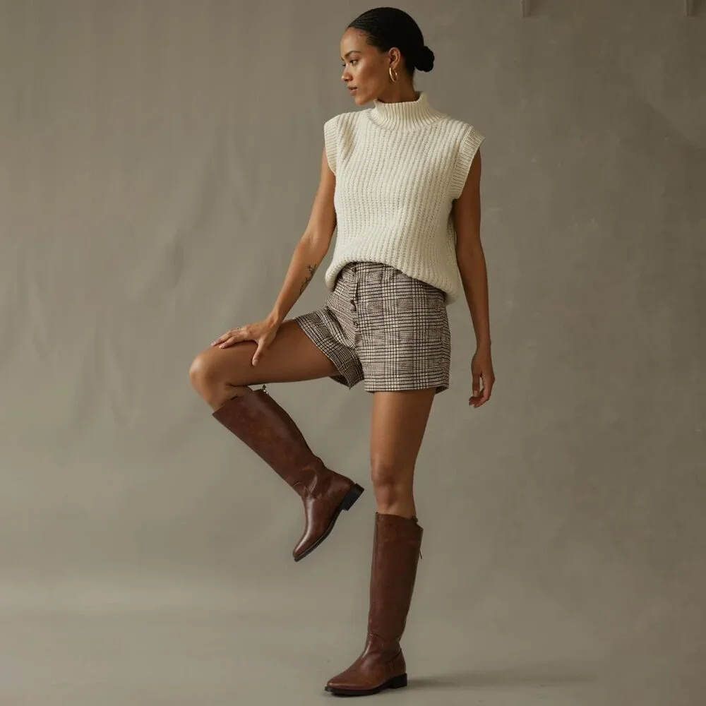 Women's A-retro Brown Rounded Toe Flat Low Chunky Zip Heel Knee High Boots
